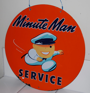 The top lot was this Union “Minute Man” double-sided porcelain sign with graphics, $12,938. Matthews Auctions image.